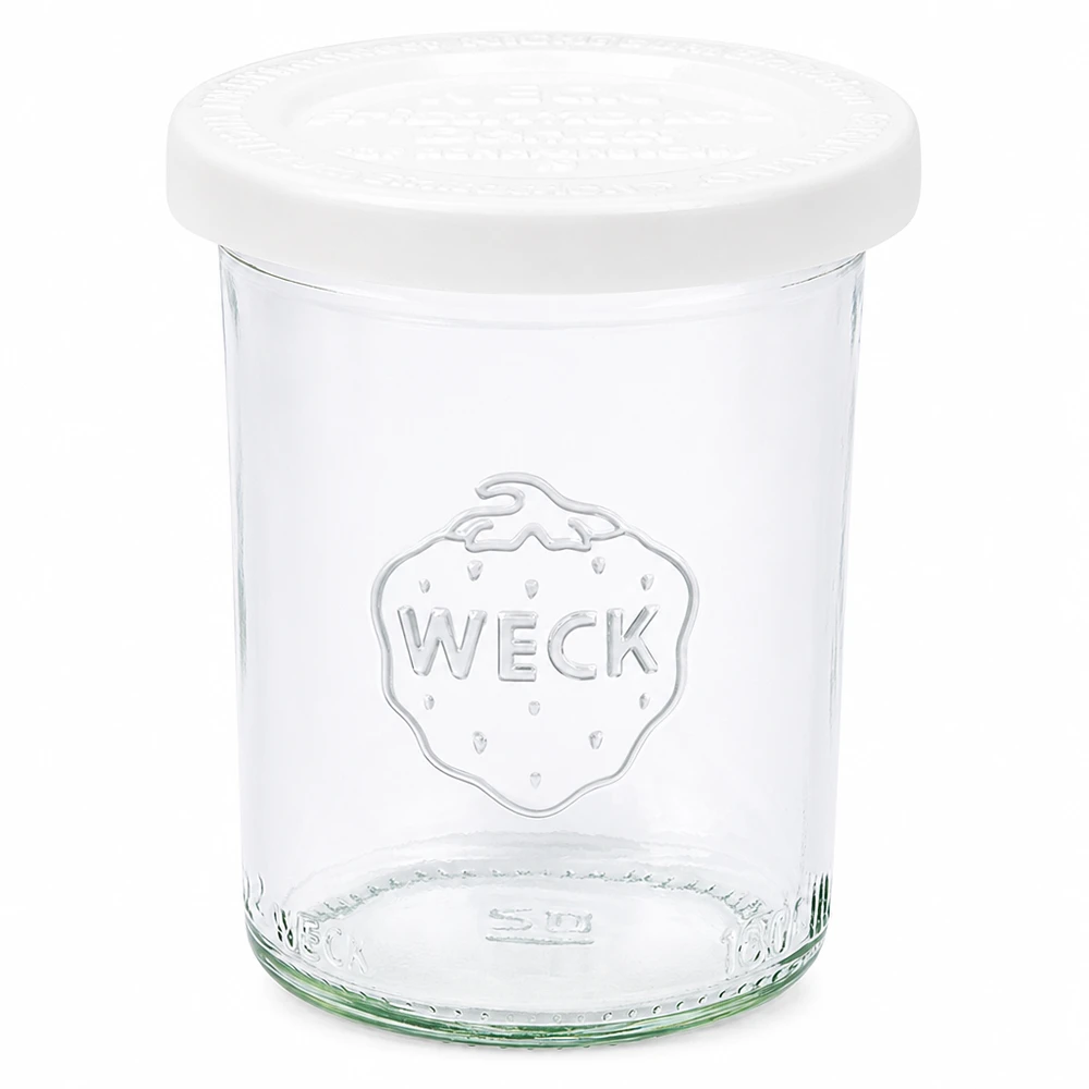 160 ml krukke med friskhedslåg WECK RR60 WECK 160 ml murerbalje med hvidt låg RR60 - Klar glaskrukke med WECK-logo
