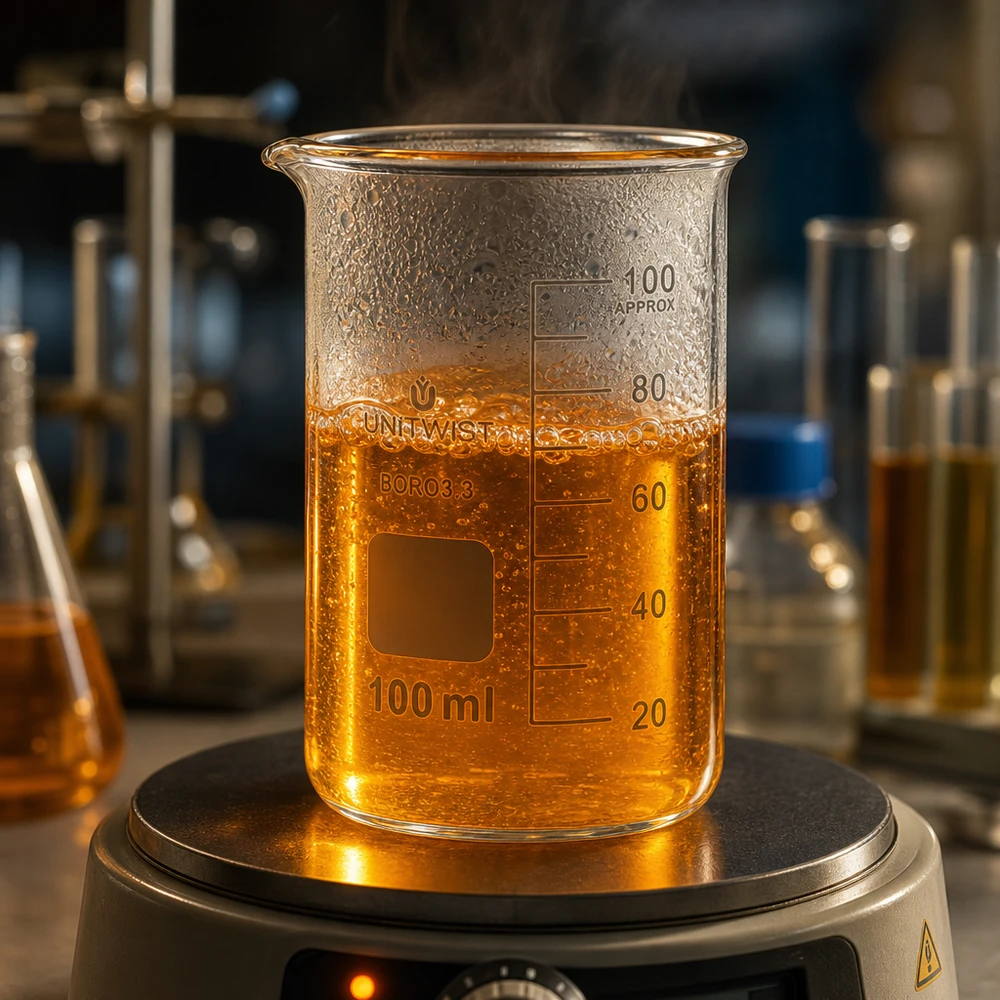 100 ml begerglas, høj model UNITWIST, med orangefarvet varm væske på en varmeplade i laboratoriet