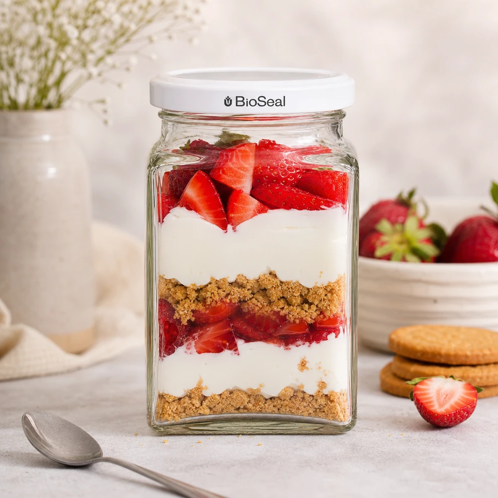 UNiTWIST Tetra260 med hvidt låg TO58 BioSeal UNiTWIST Tetra260 Dessertglas mit Erdbeeren Joghurt Kekskrümeln geschichtet weißer TO58 BioSeal Deckel Nachtisch