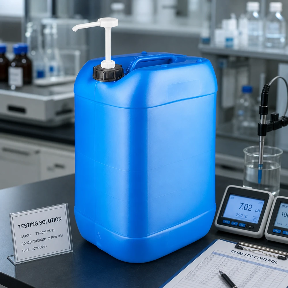 Blå 25-liters dunk med doseringspumpe ved siden af et pH-måleapparat på en sort laboratoriebordplade