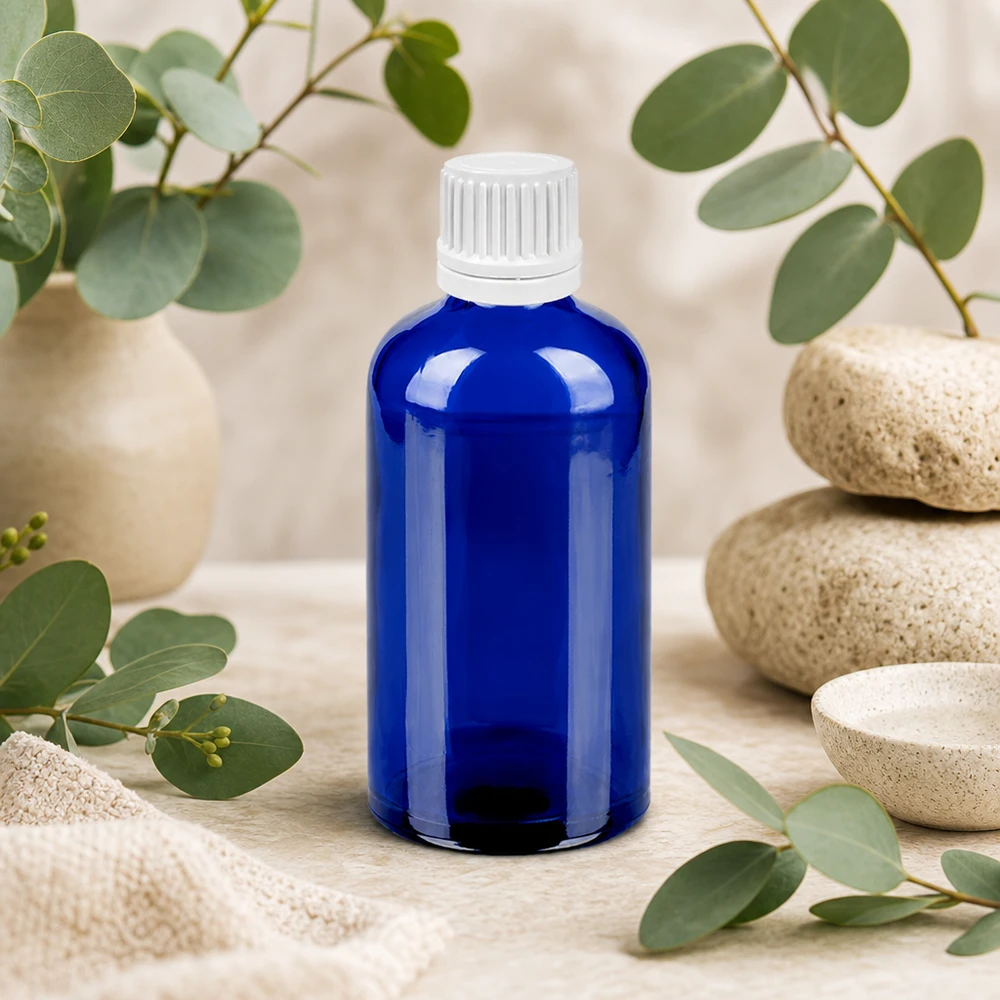 100 ml dråbeflaske 0,7 mm hvid OV BlueLine UT18/100 Elegant blå glasflaske 100 ml med hvid dråbehætte - ideel til DIY-kosmetik og hudpleje