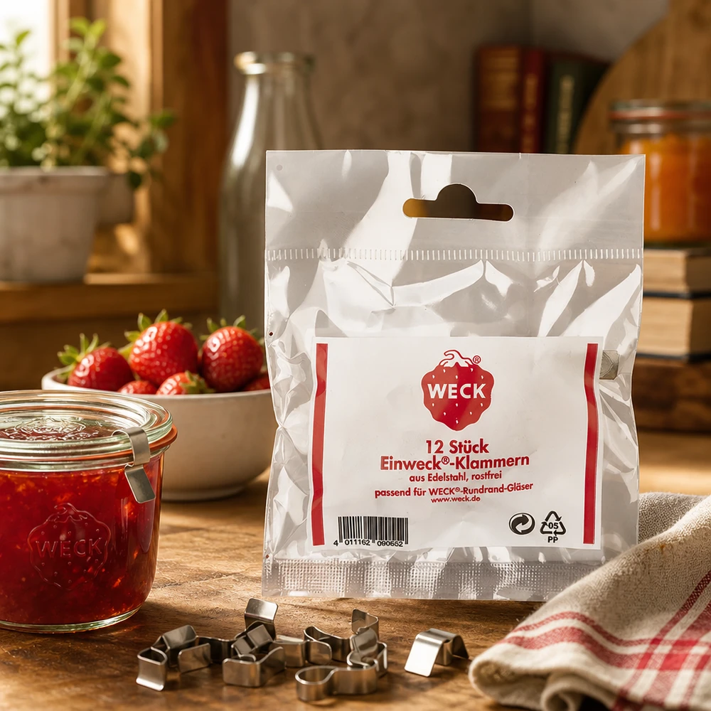 Klemmer Original WECK (Pakke(r) med 12 stk.)Bemærk: 12 stk. pr. pose WECK Originalt klipsesæt med 12 dele på træbord med syltetøjsglas med jordbær i køkkenlivsstilsscene