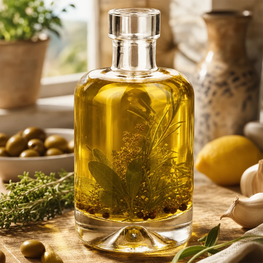 50 ml glasflaske 50ml Glasflasche "Amelie" ohne Verschluss UNiTWIST uden låg UNiTWIST® Glasflaske Amelie 50 ml fyldt med urteolie viser anvendelse til krydderolier og eddiker i køkkenet