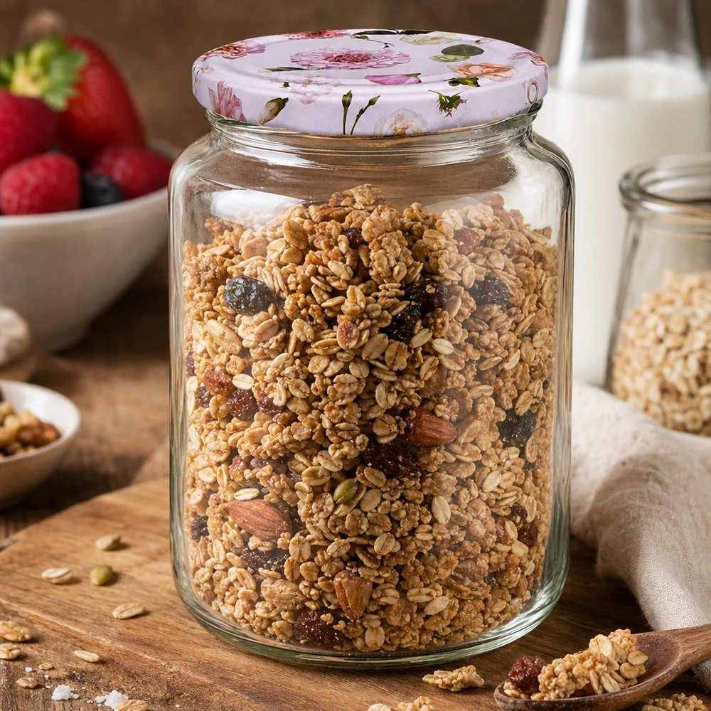 795 ml rund krukke + BasicSeal låg, lyserød UNiTWIST 795ml Rundglas mit Müsli Nüssen Trockenfrüchten BasicSeal Deckel rosa Blumen Frühstück Vorratsbehälter Küche