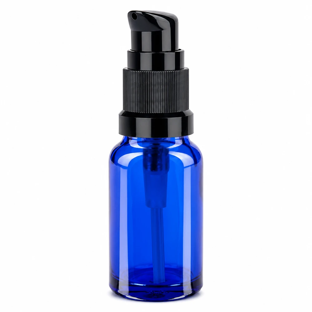 10 ml pumpeflaske sort STD BlueLine UT18/10 Blå 10 ml glasflaske med sort pumpedispenser STD BlueLine UT18/10 til kosmetik