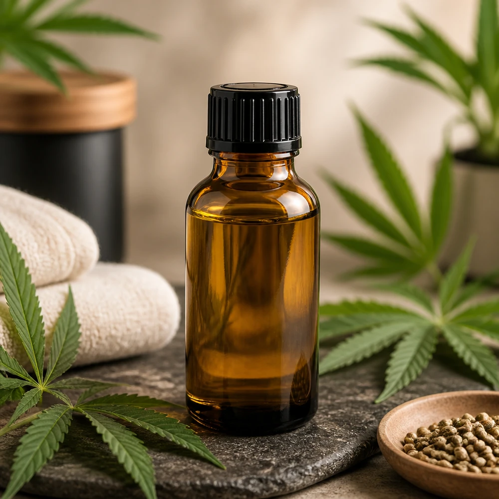 Brun 20 ml dråbeflaske af apoteksglas med sort låg mellem cannabisblade