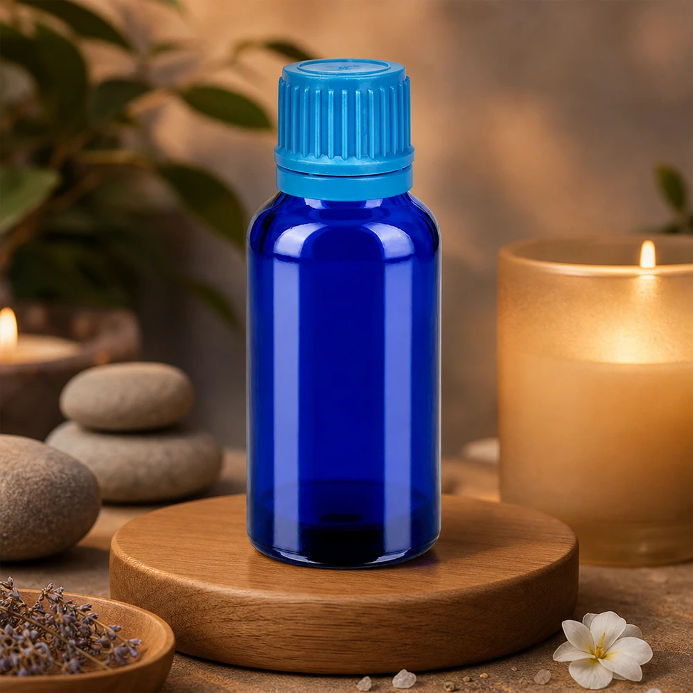 Lille 30 ml apotekerflaske af blåt glas, ideel til gør-det-selv-kosmetik og naturprodukter