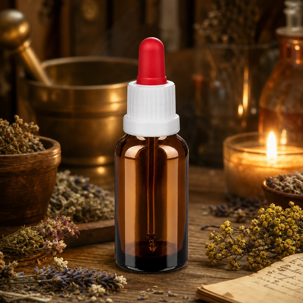 20 ml pipetteflaske hvid/rød OV BrownLine UT18/20 20 ml apoteksflaske af ravfarvet glas i høj kvalitet med præcis dråbepipette til farmaceutiske anvendelser