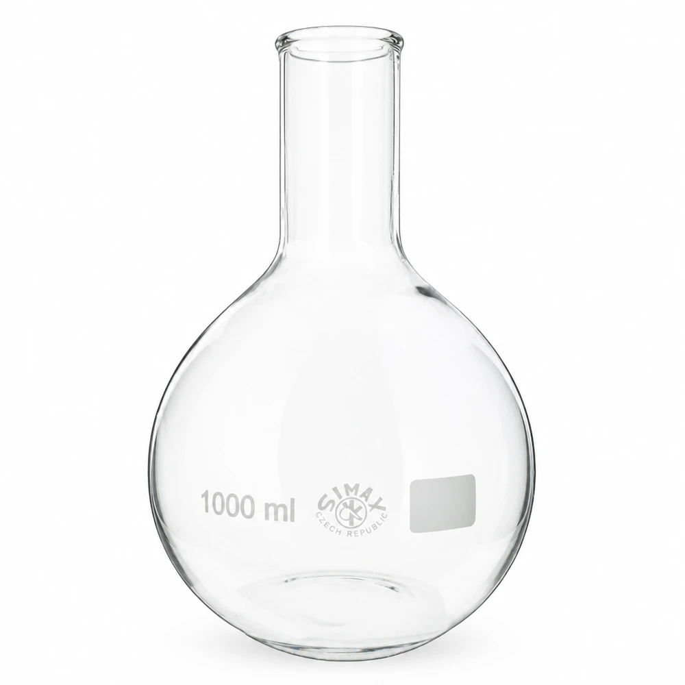 Stående kolbe 1000 ml med smal hals Stående kolbe 1000 ml med smal hals lavet af gennemsigtigt borosilikatglas til laboratoriebrug