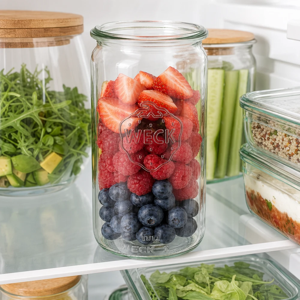 340 ml WECK RR60-glasbeholder WECK cylinderglas 340 ml RR60 fyldt med friske bær i køleskabet viser optimal friskhed og opbevaring