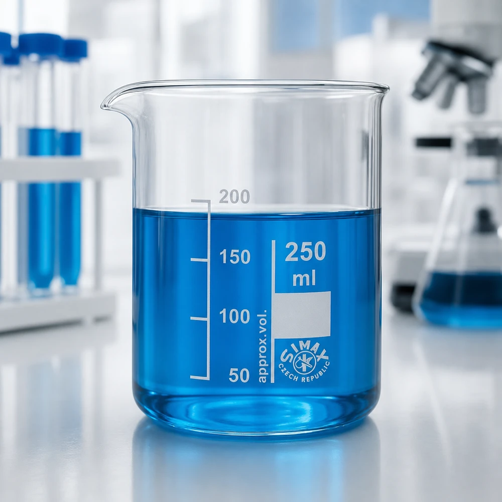 Bæger 250 ml borosilikatglas, lav form Borosilikatglasbæger 250 ml med blå væske og tydelige volumenmarkeringer