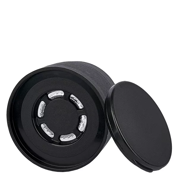 Låg til salt-/krydderikrukke med Vario-kværn sort - Akrylkværn grov til fin, 6-huls rystepind ø8mm. 41 mm gevind. Låg, der kan trykkes på.