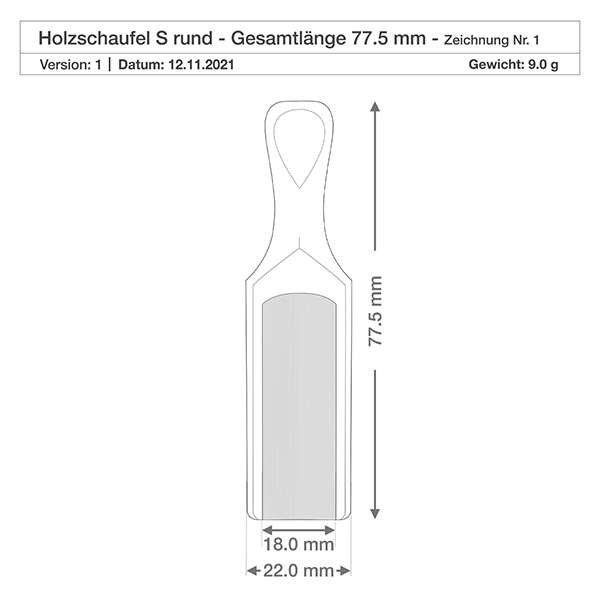 Træspade størrelse S halvcirkelformet 7,5 cm lang Teknisk tegning Træspade S 77,5 mm total længde med mål og vægt 9,0 g Produktspecifikation
