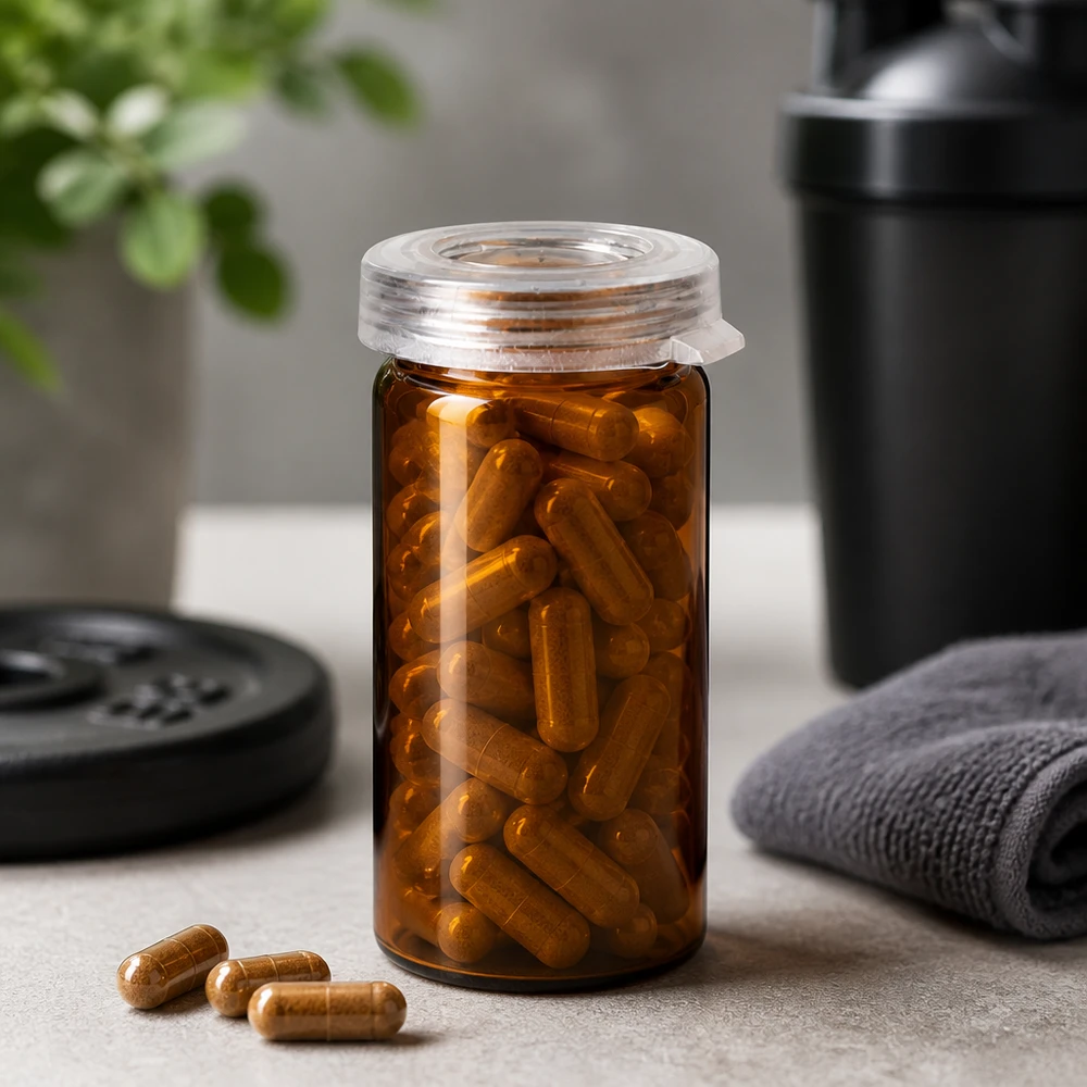 Bord-/rullekantglas 5 ml klar m. snap-on-låg Ravfarvet glas med rullet kant, 5 ml, med guldbrune fitnesskapsler ved siden af en vægtskive og en shakerflaske