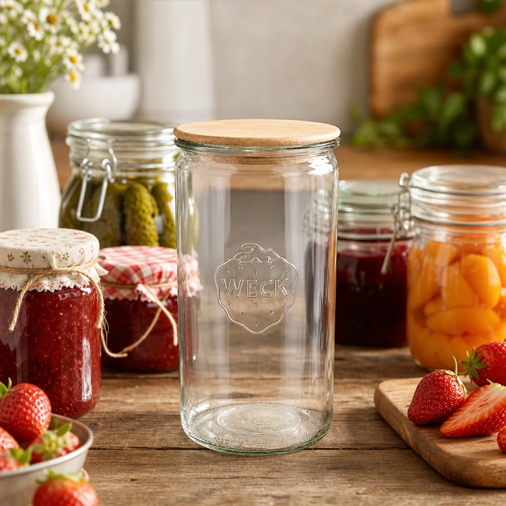 1590 ml cylinderglas WECK RR100 med trælåg WECK syltetøjsglas 1590ml RR100 i køkkenscene med marmelade og friske jordbær på træbord