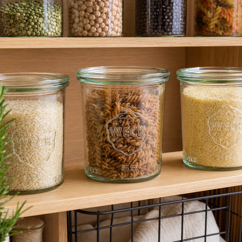 WECK 140 ml krukke med glaslåg RR60 | Premium-kvalitet WECK Gläser 140ml RR60 gefüllt mit Reis Nudeln Couscous in Vorratsregal Pantry Organisation Küchenschrank