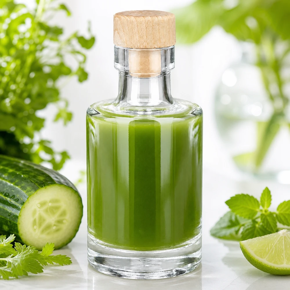100 ml glasflaske Marie med træprop fyldt med grøn smoothie ved siden af agurk lime og krydderurter frisk opsætning