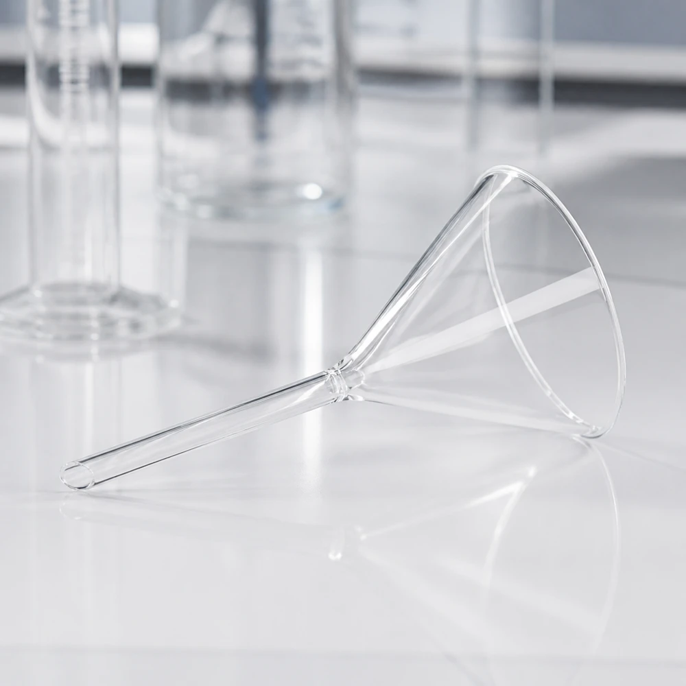 Tragt Ø 85mm borosilikat vinkel 60 kort stil Præcisionslaboratorietragt 85 mm lavet af robust borosilikatglas med kompakt design med kort håndtag