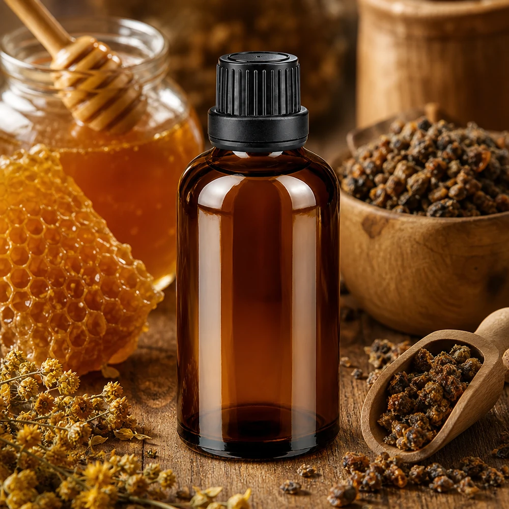 Apoteksflaske brun 50ml skruelåg sort tæt OV 50 ml apotekerflaske af brunt glas med sort skruelåg ved siden af honning i bikageform og propolis