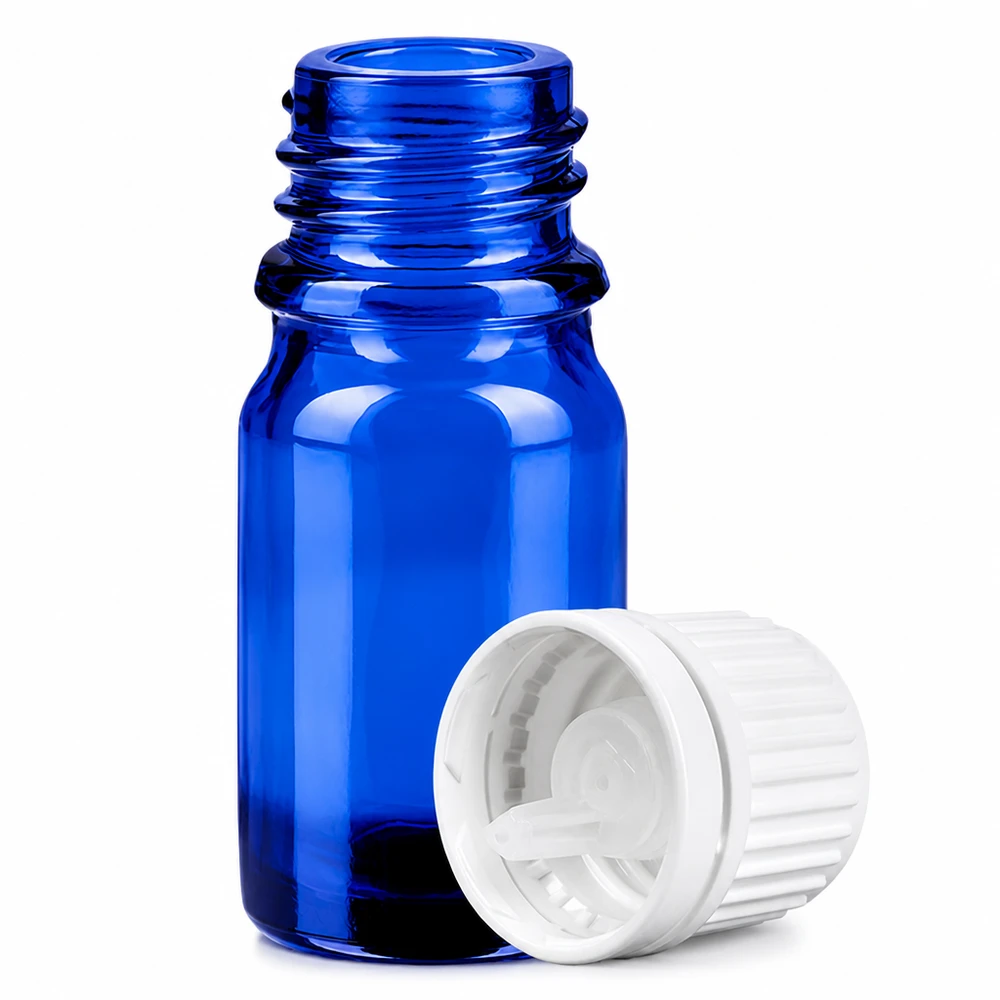 Blå glasflaske 5 ml med 0,7 mm dråbeindsats til æteriske olier og tinkturer