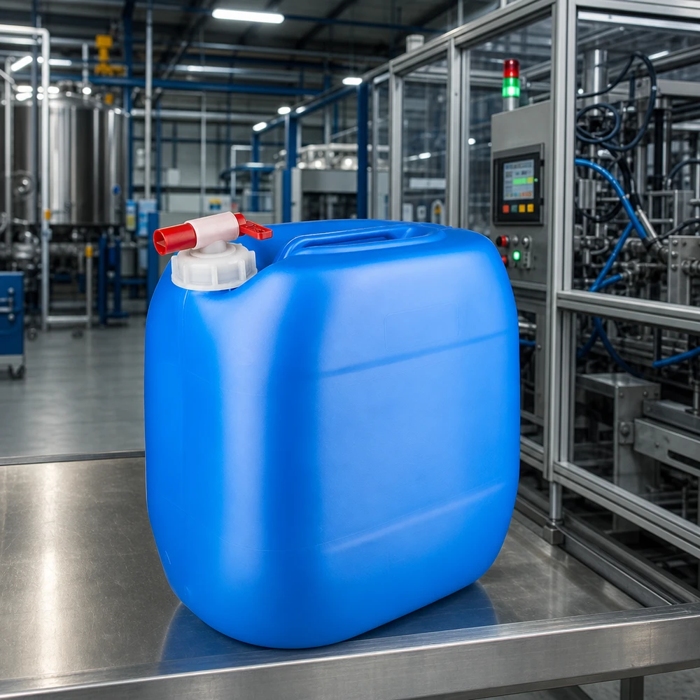 Rektangulær industrikanister på 30 liter i blå med tømmehane på rustfri ståloverflade