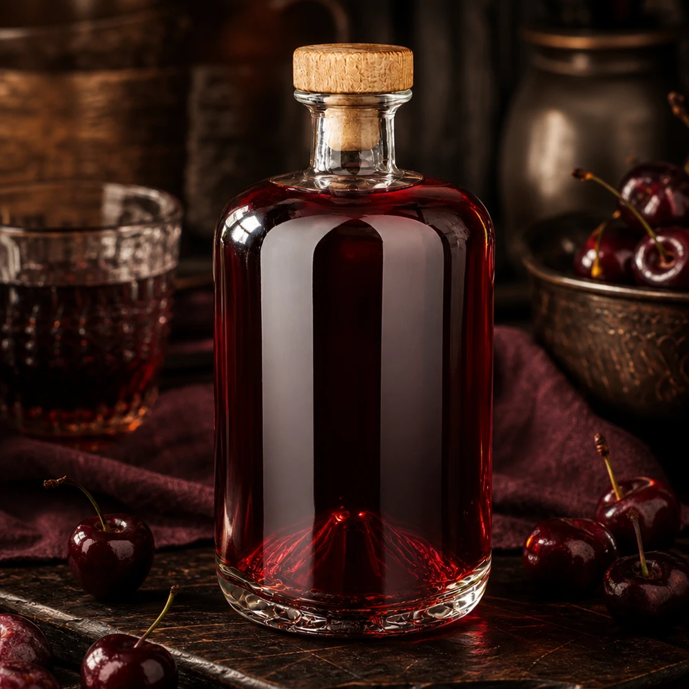 700 ml apoteksflaske Sofia med træhåndtag og kork UNiTWIST® Elegante 700ml Glasflasche Sofia mit Holzkorken gefüllt mit rotem Kirschlikör auf rustikalem Holztisch mit Kirschen