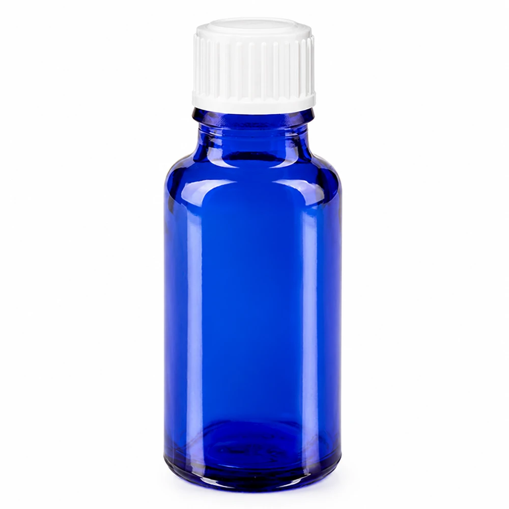 Apoteksflaske blå 20 ml skruelåg hvid pc 20 ml blå apotekerflaske af glas med hvid skruelåg, 11 mm