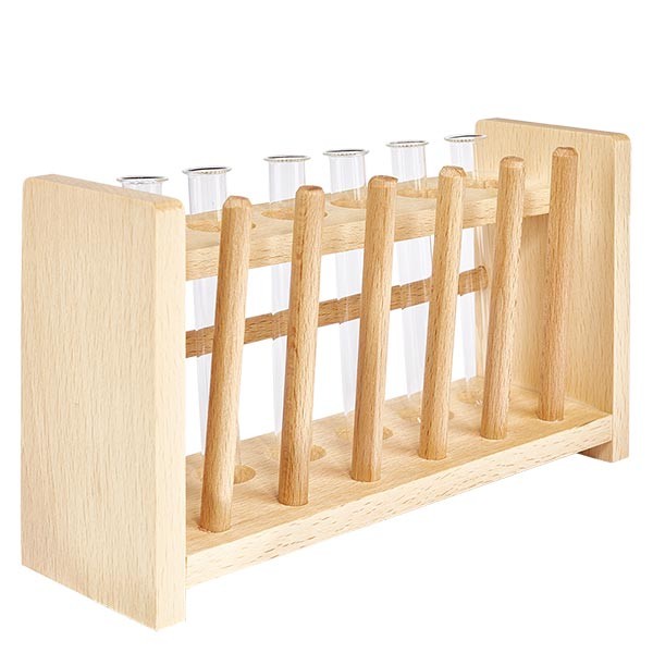 Reagensglasstativ i træ med 6 reagensglas og borosilikat 100x12