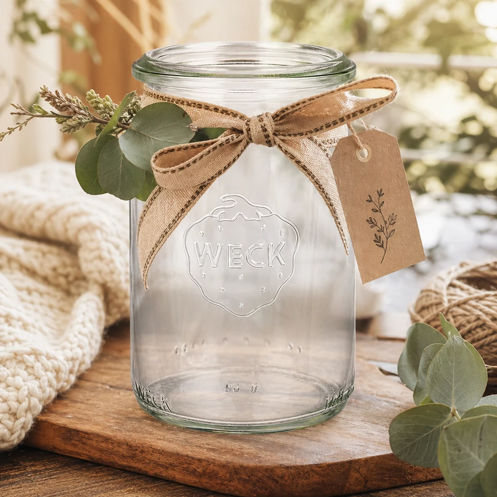 145 ml cylinderglas WECK RR40 WECK cylindrisk krukke 145ml RR40 med bånd og vedhæng rustikt dekoreret på træplade med eukalyptus