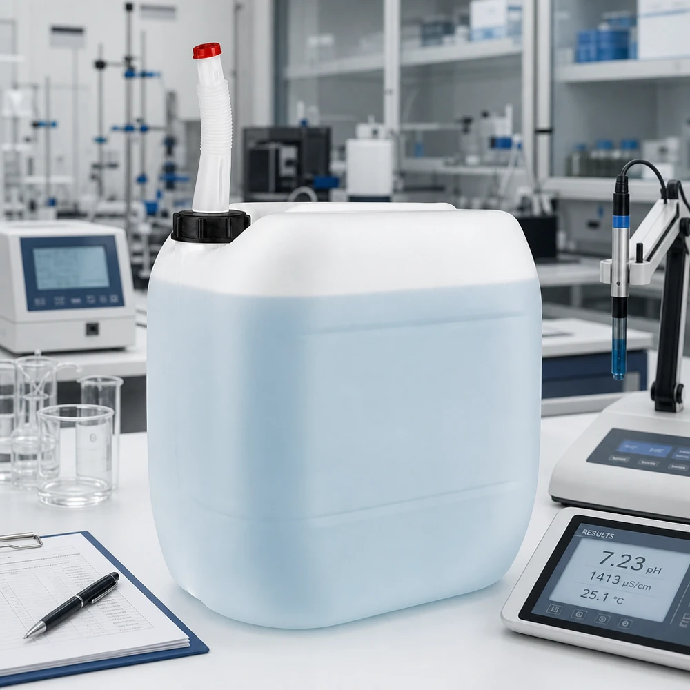 30 liters beholder med Flex-udløbsrør HDPE-kanister på 30 liter med fleksibelt udløbsrør og rød sikkerhedslås i laboratoriet