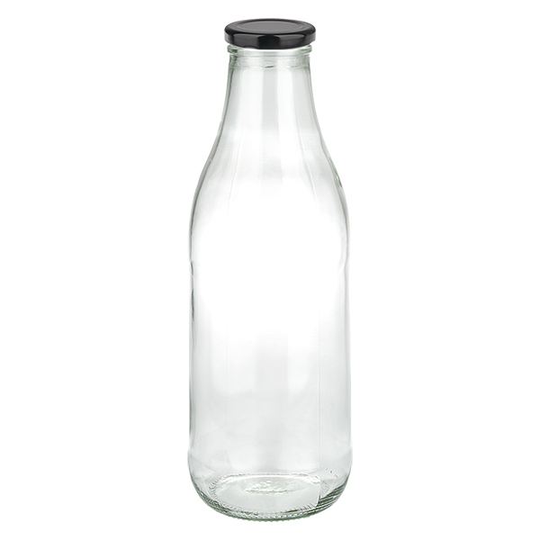 1000 ml glasflaske + BasicSeal-låg sort UNiTWIST. Absolut lækagesikker med stort TO48-låg. Til mælk, juice og limonade.