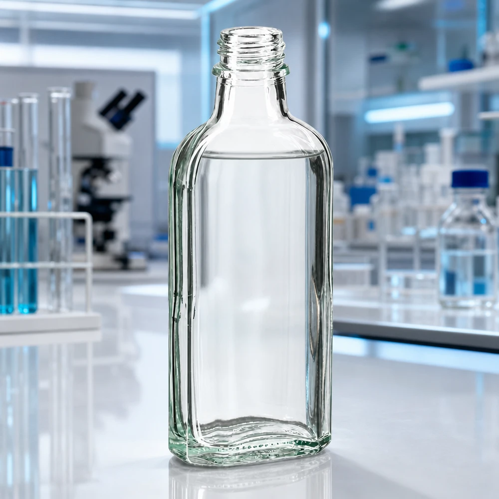 Flad, gennemsigtig 100 ml Meplat-flaske af glas med DIN22-skruetråd til farmaceutiske anvendelser