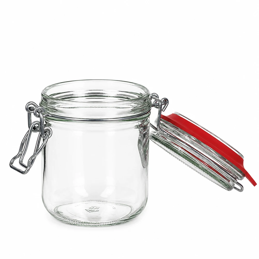 400 ml opbevaringsglas, type G, med bøjlelåg UN.. Opbevaringsglas i klart glas 400 ml med rød gummipakning og metalclipslukning til lufttæt opbevaring
