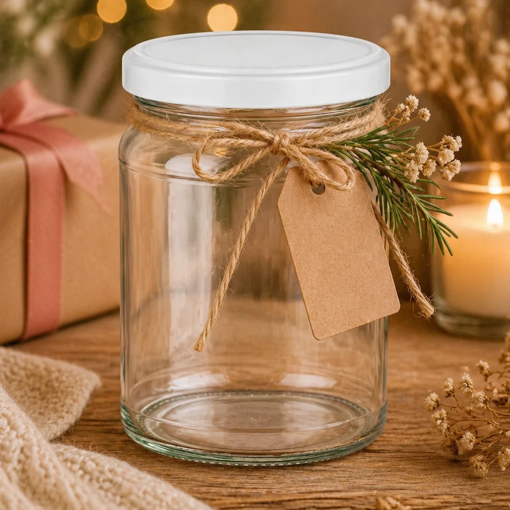 205 ml rund krukke med BasicSeal-låg hvid UNiTWIST 205ml Rundglas mit weißem Deckel als Geschenkverpackung dekoriert mit Juteschnur und Geschenkanhänger