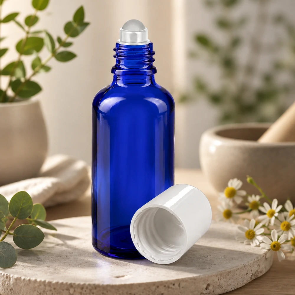 Blå 50 ml glasflaske med rullekugle og hvidt låg på natursten foran en urtedekoration