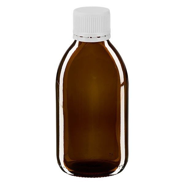 250 ml medicinflaske brun, hvid hætte med manipulationssikker ring ApoGlas. Farmaceutisk kvalitet fra EU-produktion. 28 mm (PP28) gevind. (sirup, lys glasflaske) 250 ml medicinflaske brun, hvid hætte med manipulationssikker ring ApoGlas. Farmaceutisk kvalitet fra EU-produktion. 28 mm (PP28) gevind. (sirup, lys glasflaske)
