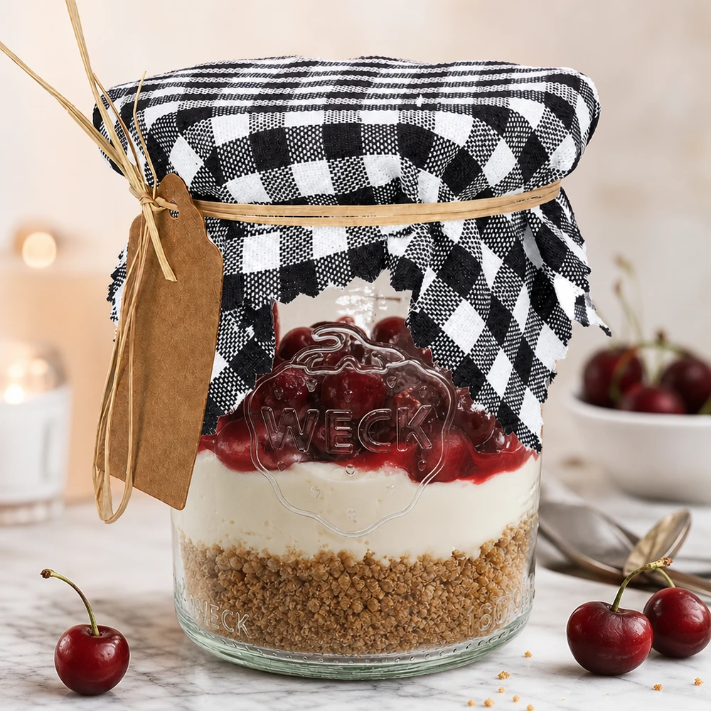 Stofdækkeserviet ternet hvid/sort 120x120mm firkantet Vichy ternet stofdukke sort og hvid på dessertkrukke med kirsebær, dekorativt krukkeovertræk 12 cm firkantet