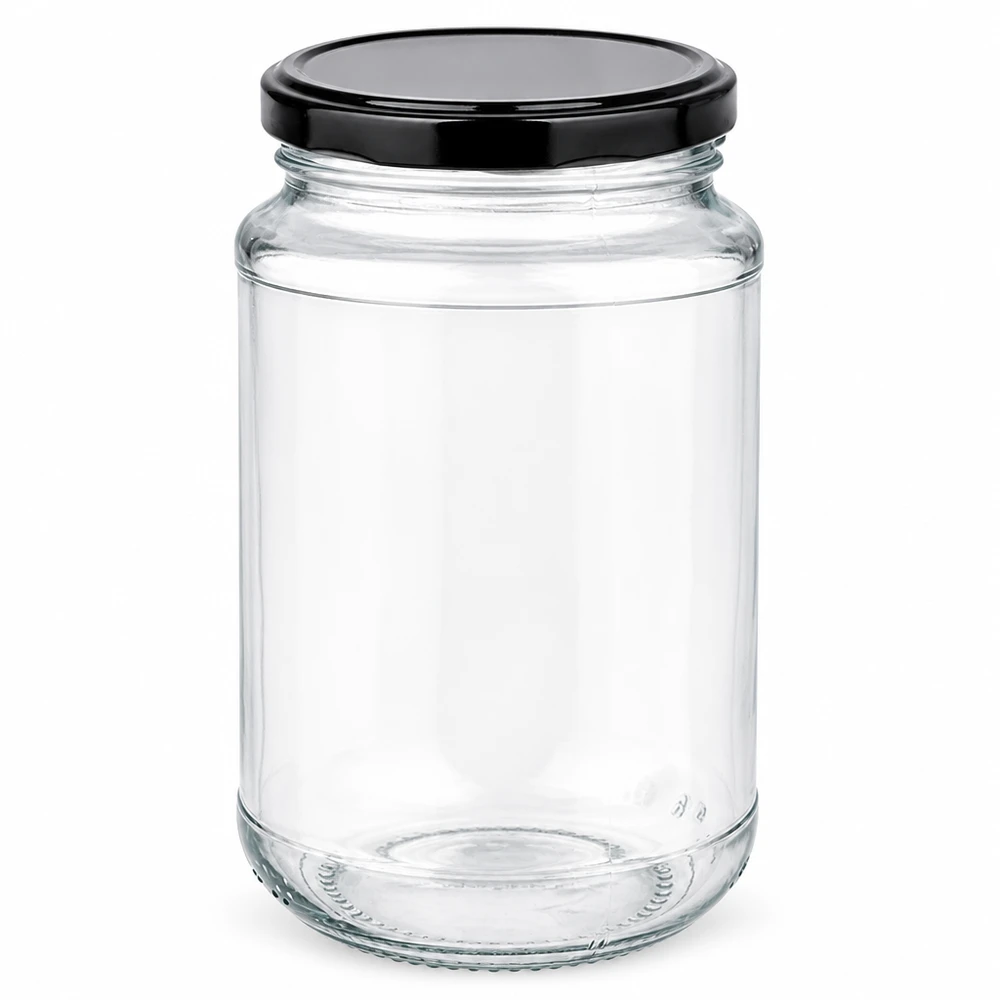 320 ml rundt glas + BasicSeal sort UNiTWIST 320 ml rundt glas med sort BasicSeal Twist-Off-låg fra UNiTWIST, tomt og gennemsigtigt