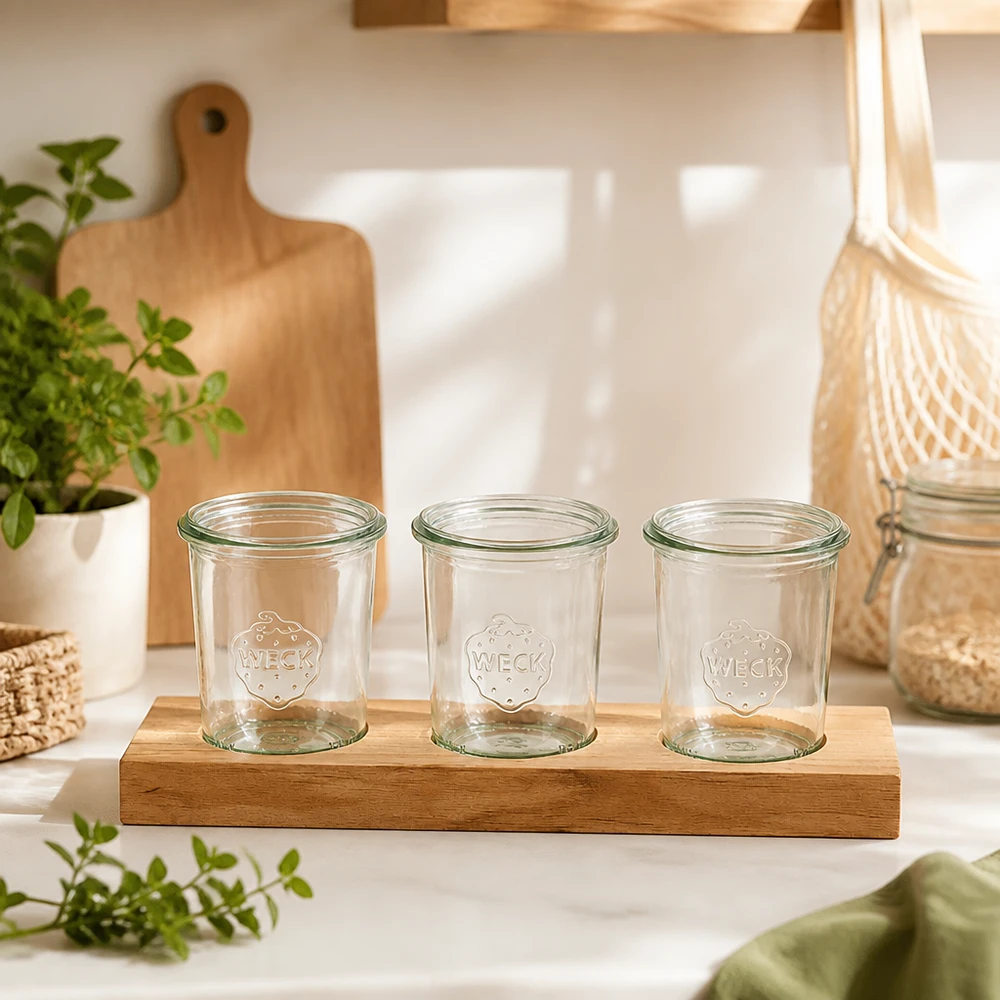 Serveringsbræt Plano3 med 3 Weck-glas med skruelåg, 160 ml Tre tomme Weck 160 ml glas på Plano3 bambus serveringsbræt i skandinavisk køkkenindretning med planter