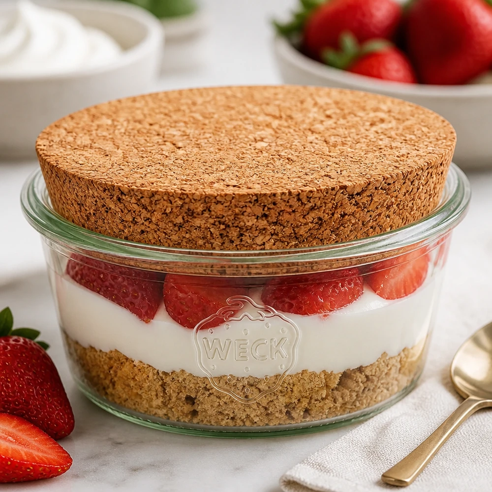 290 ml Briller lav WECK RR100 m.kork natur WECK-glas 290 ml RR100 med naturkork som lagdelt dessertglas til tiramisu fyldt med jordbær