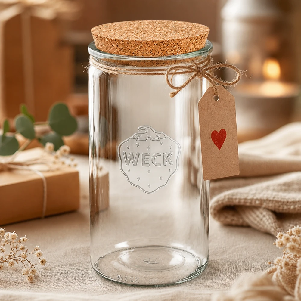 WECK syltetøjsglas 1590 ml RR100 med korklåg og gavemærke dekoreret med tekstiler og blomster