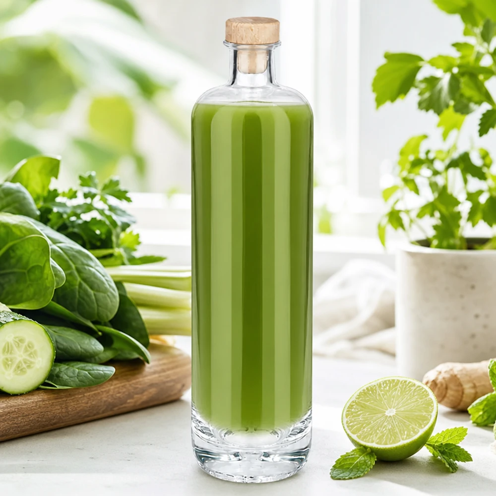 700 ml glasflaske Ella med træhåndtag og prop UNiTWIST® 700 ml glasflaske Ella fyldt med grøn smoothie og træprop mellem frisk agurk, lime og krydderurter