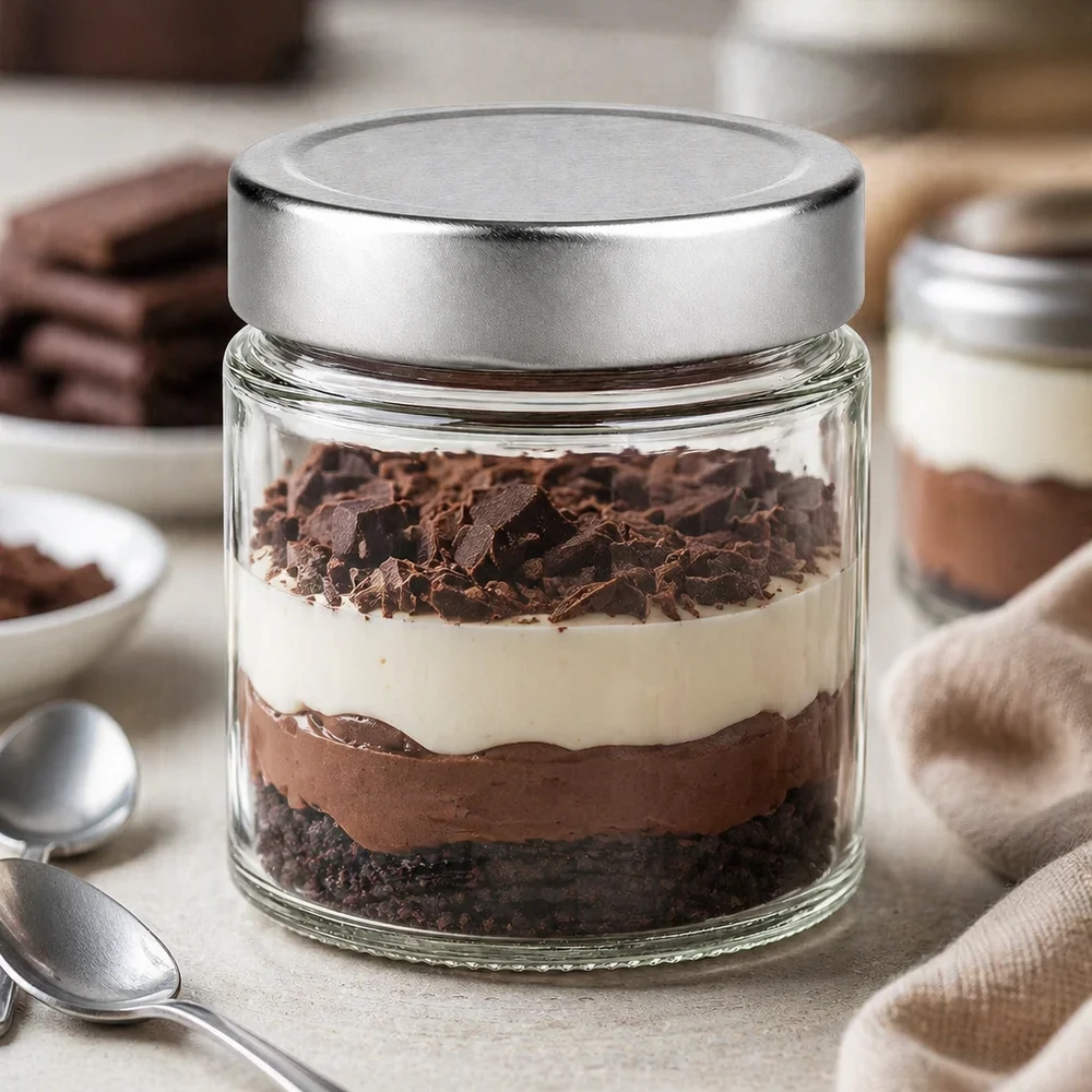 135 ml rund krukke + BasicSeal-låg sølvfarvet dyb UNiTWIST 135 ml rund krukke sølvlåg dessert tiramisu lagdelt dessert køkken dessertkrukke opbevaringskrukke BasicSeal