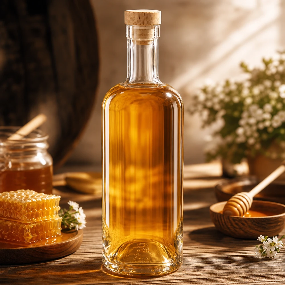 750 ml glasflaske »Emma« med træhåndtag UNiTWIST® Glasflasche Emma 750ml mit Holzkorken gefüllt mit Honig in rustikaler Küche mit Bienenwaben und Honigzubehör