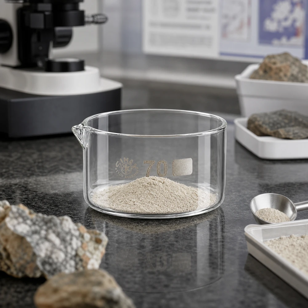 Krystalliseringsskål 100 ml med borosilikat-tud Krystalliseringsskål på 100 ml med fint mineralpulver på en grå laboratorieoverflade ved siden af stenprøver