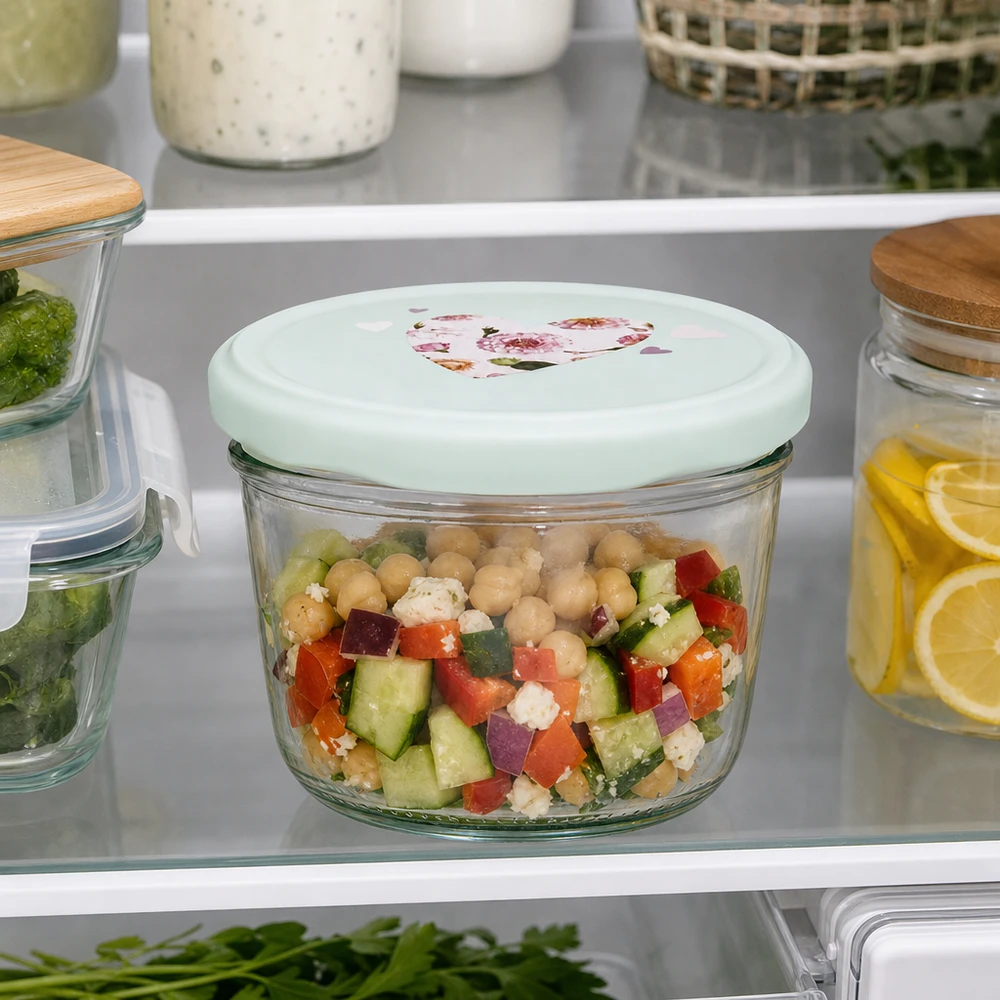 230 ml glas med skrå kant + BasicSeal låg, hjerteformet, mint UNiTWIST 230ml Sturzglas mit Herz-Deckel mint im Kühlschrank, Salat mit Kichererbsen frisch gelagert, praktische Meal-Prep