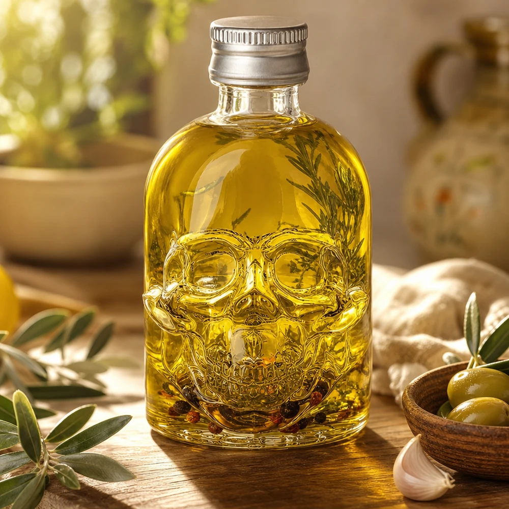 50 ml glasflaske »Hector« og skruelåg sølv UNiTWIST® 50 ml glasflaske Hector fyldt med olivenolie og krydderurter sammen med oliven og hvidløg i middelhavskøkkenet