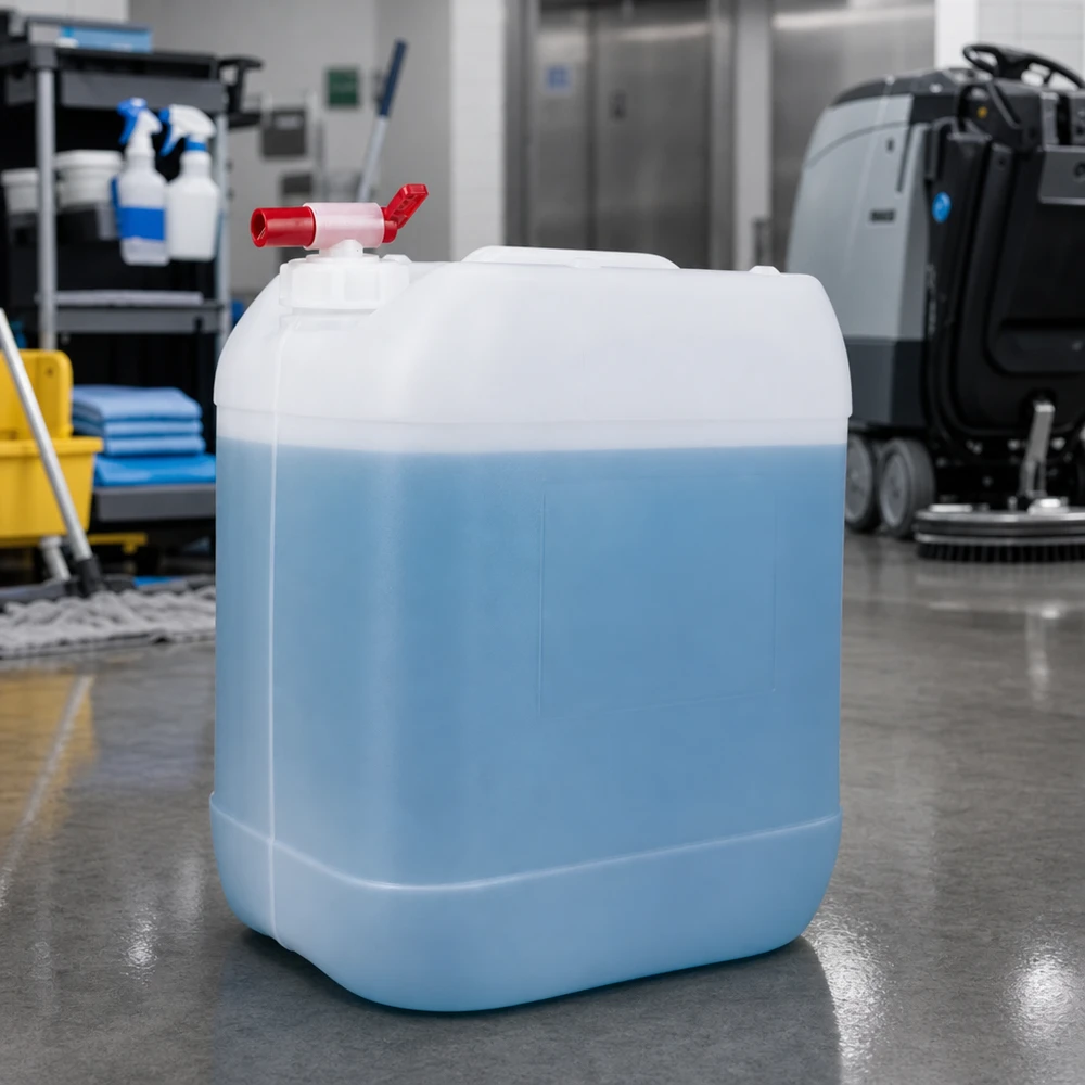 Beholder 20 liter med aftapningshane Blå 20-liters beholder til rengøringsmidler med rødt tappehåndtag på en bund af epoxyharpiks