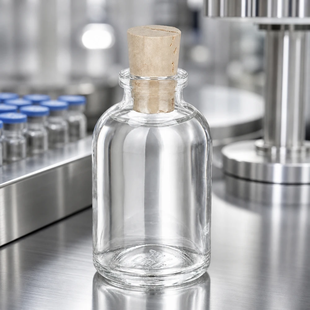 Flaske i klart glas 50 ml med kork 11/14 mm Leere Glasflasche mit breitem Korkverschluss auf glänzender Edelstahlarbeitsplatte im Reinraum
