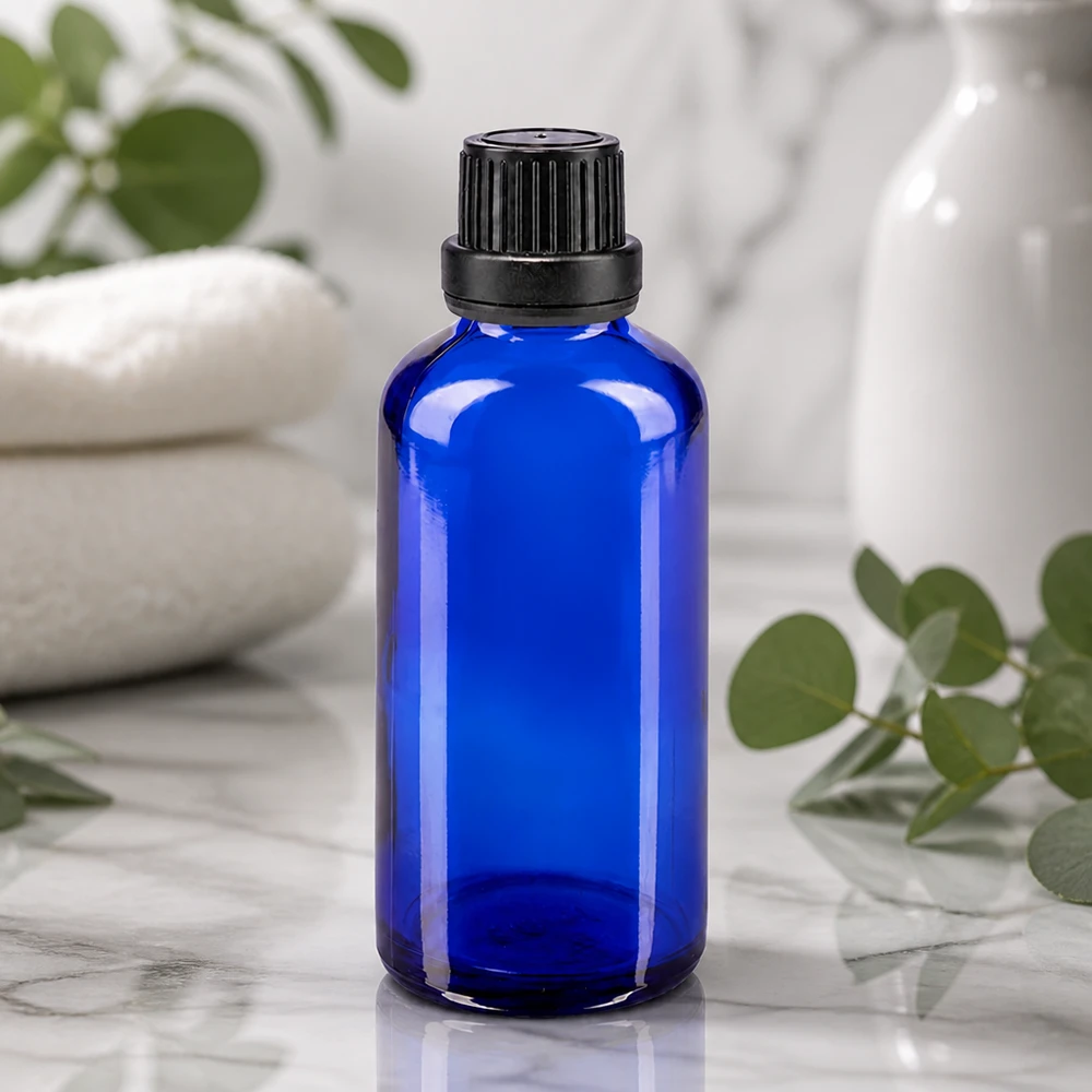 Blå 50 ml glasflaske med børnesikker sort prop på hvid marmor